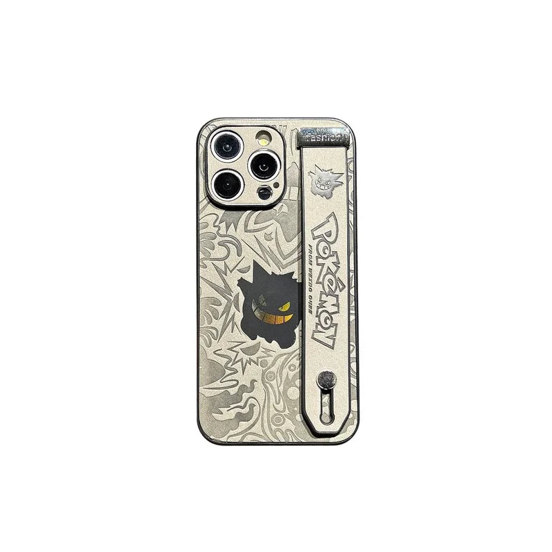 Japan Anime Pocket Monsters Pokémon Gengar Wrist Strap Holder Phone Case For  iPhone 16 15 14 13 12 11 Pro Max Leather Cover
