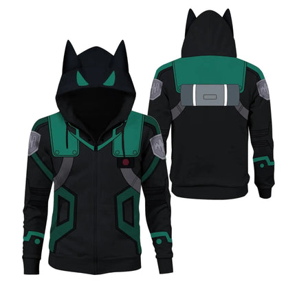 2024 New My Hero Academy Green Valley Long Fighting Suit 3D Digital Print Ear Double layered Hat Sweater