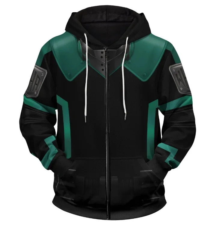 2024 New My Hero Academy Green Valley Long Fighting Suit 3D Digital Print Ear Double layered Hat Sweater